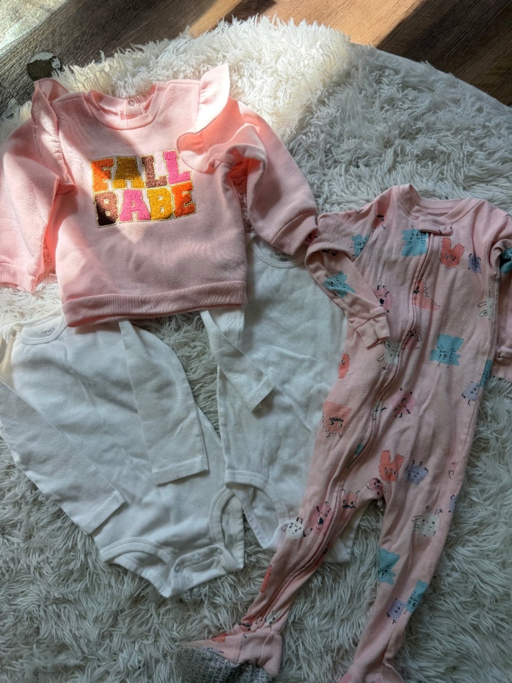 Soft Pink "Fall Babe" Baby Top with White Onesies and Pink Animal Footed Sleeper